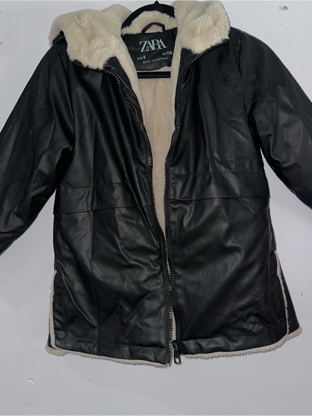 Zara Kids Black Hooded Rain Jacket with Cream Sherpa Lining